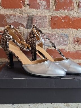 Metallic Silver T-Strap Heels with Snakeskin Accent